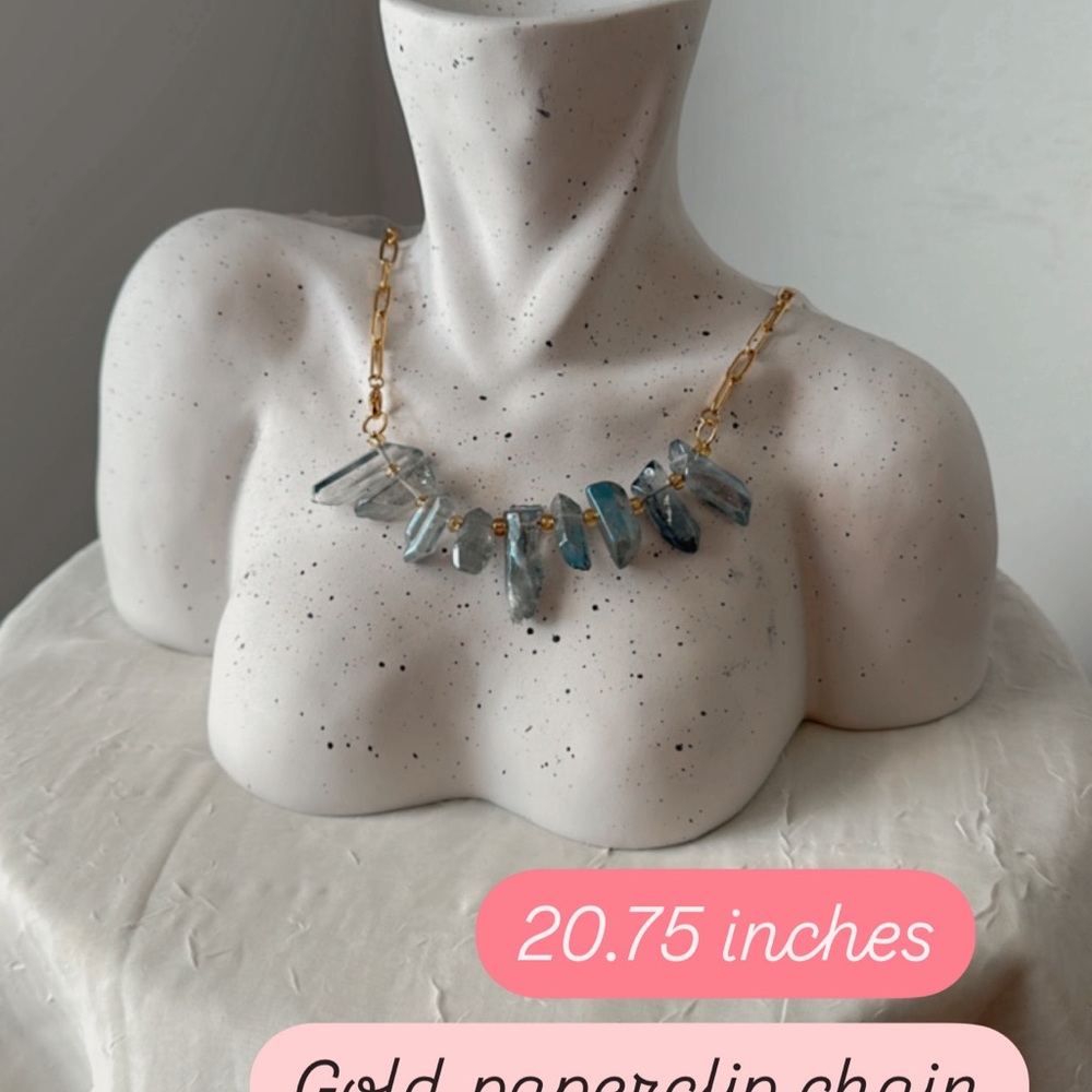 18K GOLD PLATED PAPERCLIP NECKLACE SMOKEY BLUE QUARTS 20.75” - Picture 7 of 7